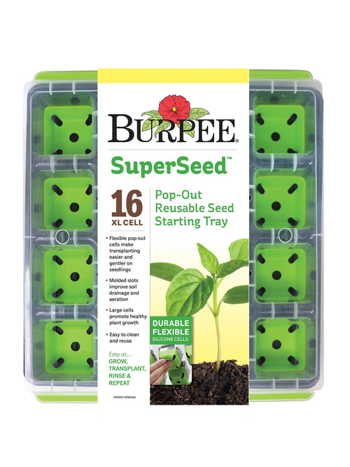 Top-down product shot of a Burpee SuperSeed 16-cell seed starting tray with green silicone cells and branded sleeve