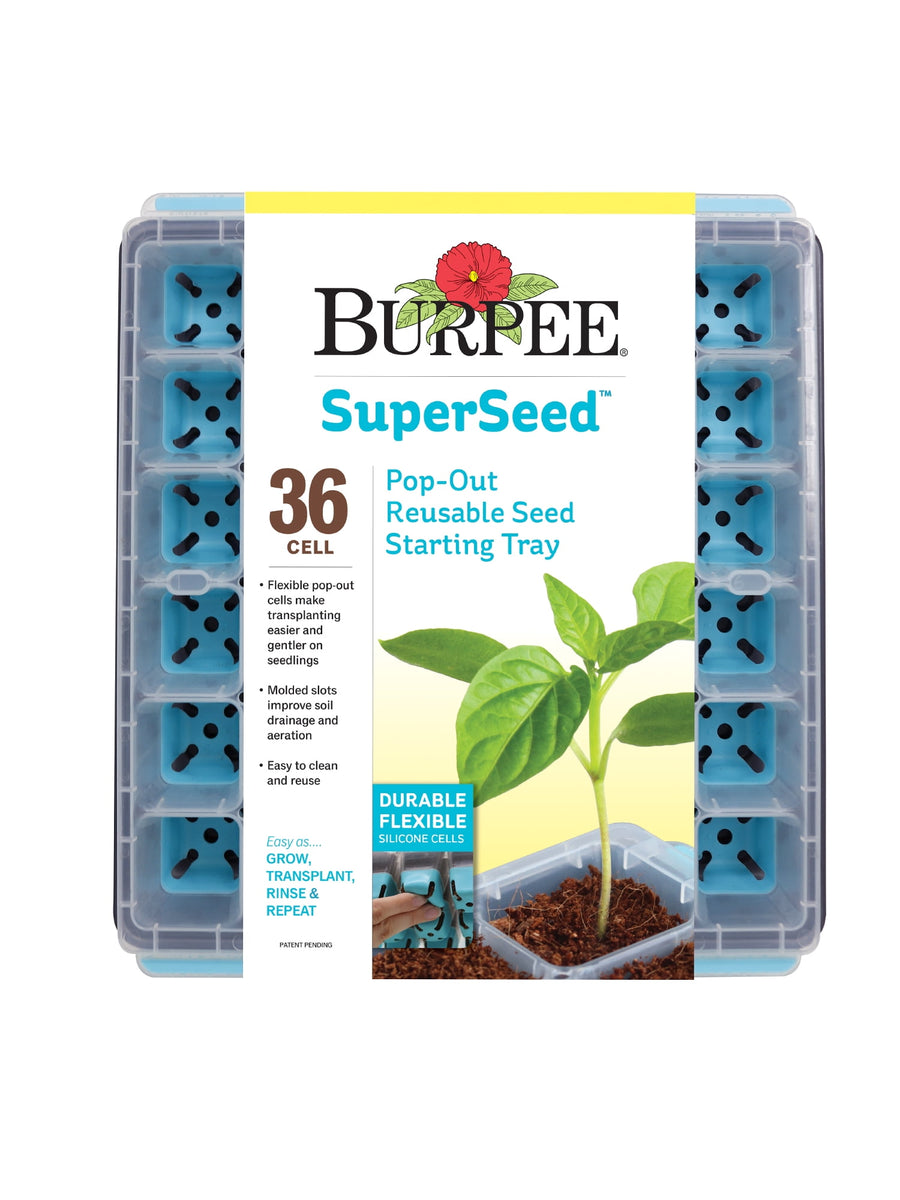 Burpee SuperSeed 36-cell seed starting tray with blue silicone pop-out cells shown in retail packaging
