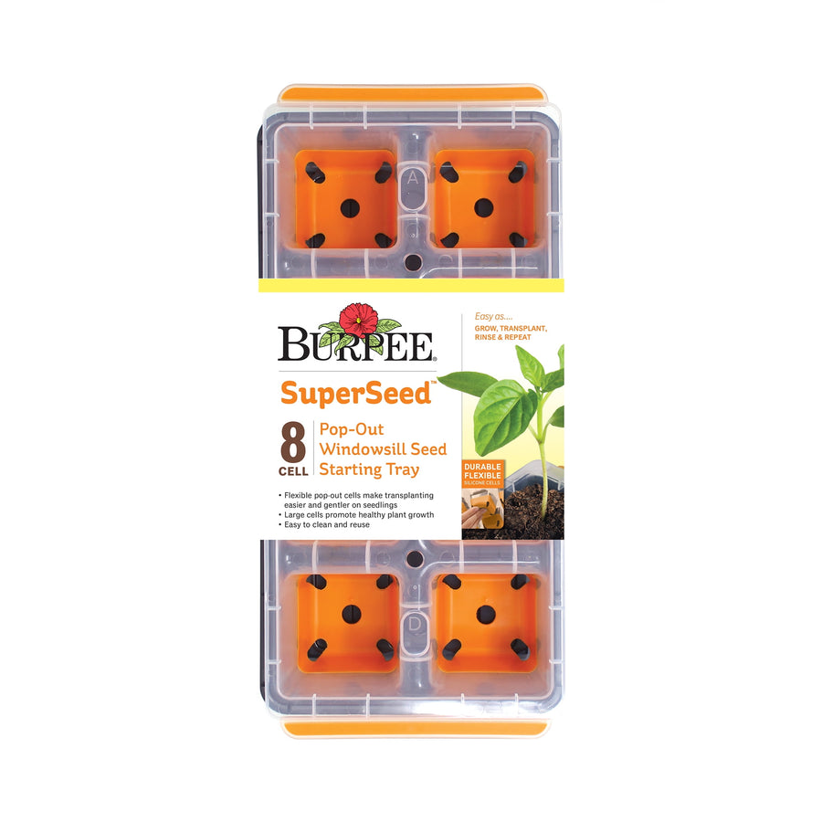 Top-down product shot of a Burpee SuperSeed 8-cell windowsill seed starting tray with orange silicone cells and branded packaging