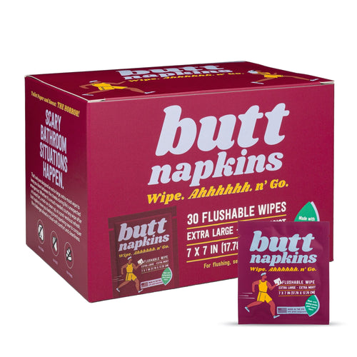 Maroon Butt Napkins retail box and an individually wrapped packet shown together with brand name and product callouts