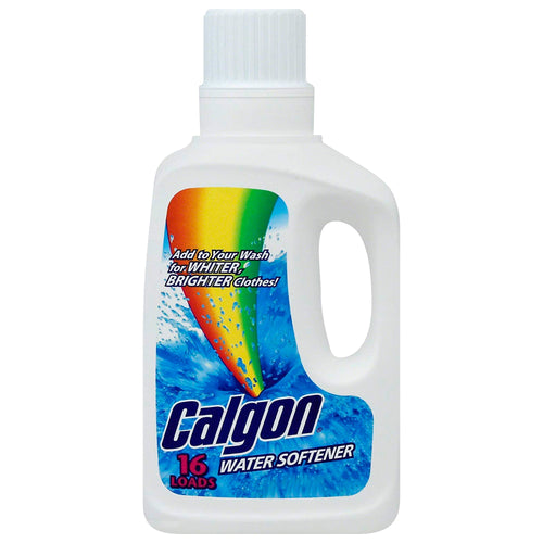 White bottle of Calgon water softener with rainbow graphic and blue water splash label, front product view