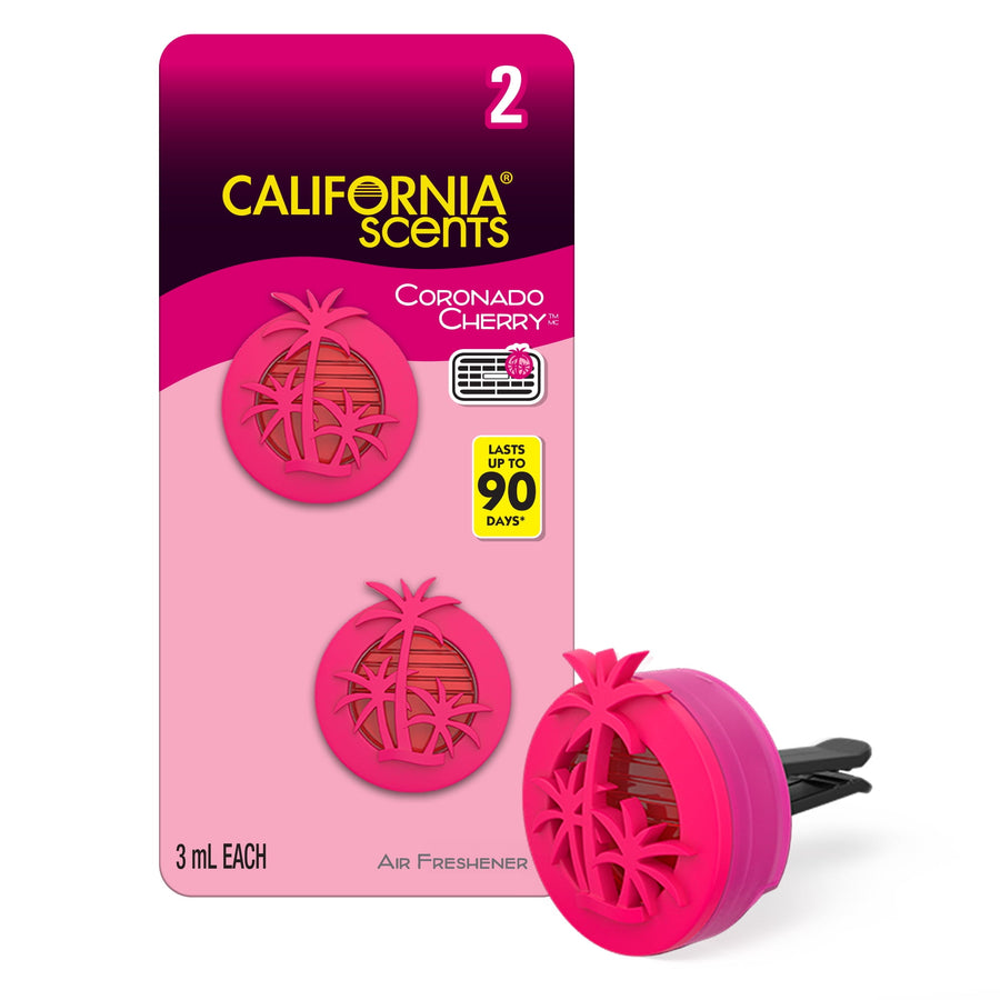 California Scents Coronado Cherry pink mini diffuser packaged two-pack with one diffuser shown beside blister card