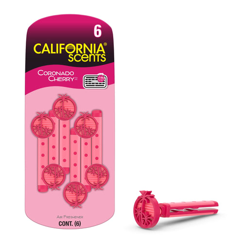 Pink blister pack showing six California Scents Coronado Cherry vent air fresheners and one detached clip on white background.