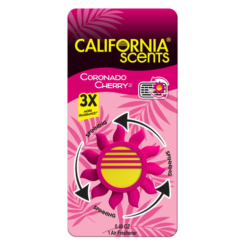 Pink and yellow sun-shaped California Scents Coronado Cherry vent clip shown on branded card packaging