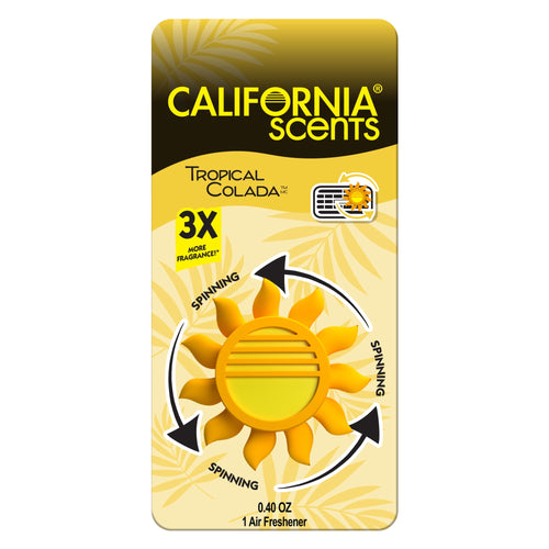 Yellow sun-shaped California Scents vent-spinner air freshener on branded yellow card