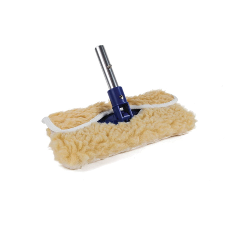 Camco pivoting wash head with beige fluffy pad and short metal handle insert on white background