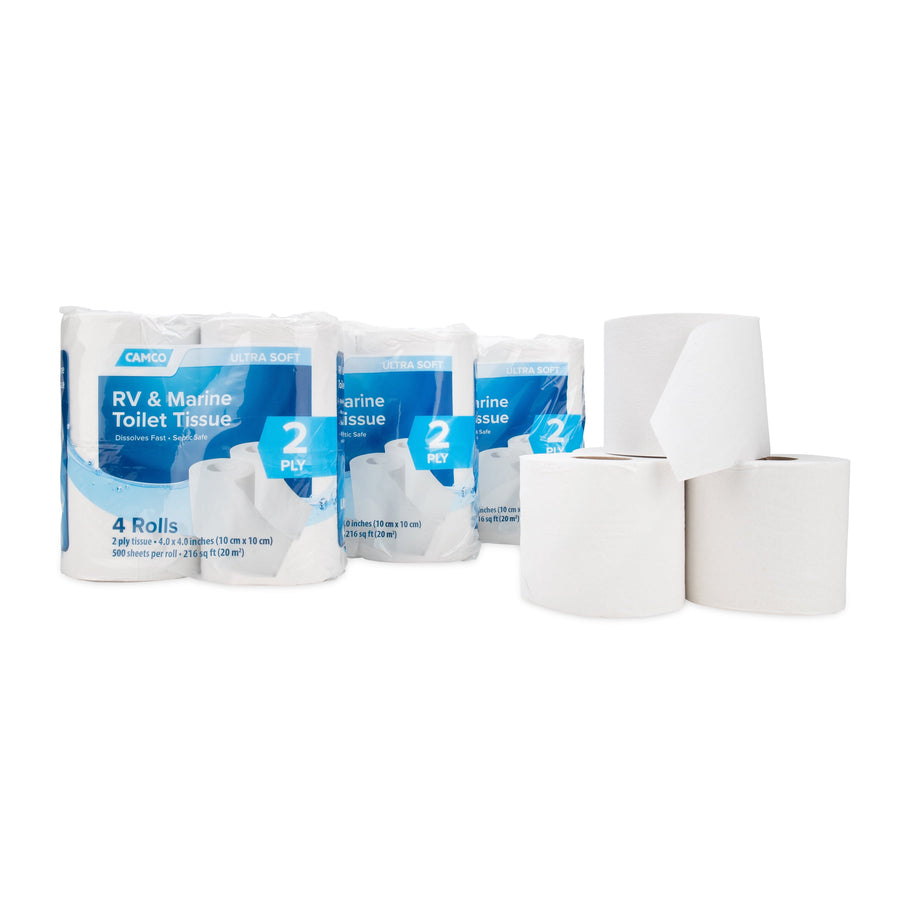 three camco rv & marine toilet tissue 4-roll packs with three loose white rolls beside them