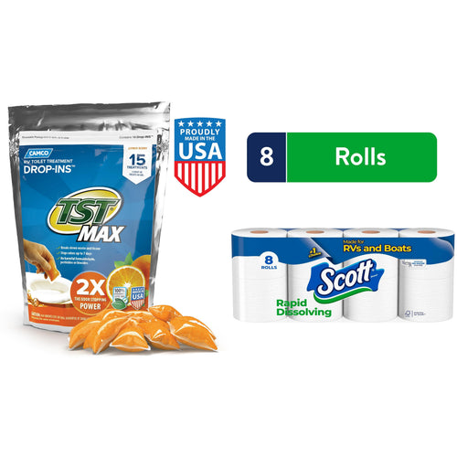 Packaged Camco TST Max orange citrus drop-in pouches alongside an 8-roll Scott Rapid Dissolving toilet paper multipack graphic