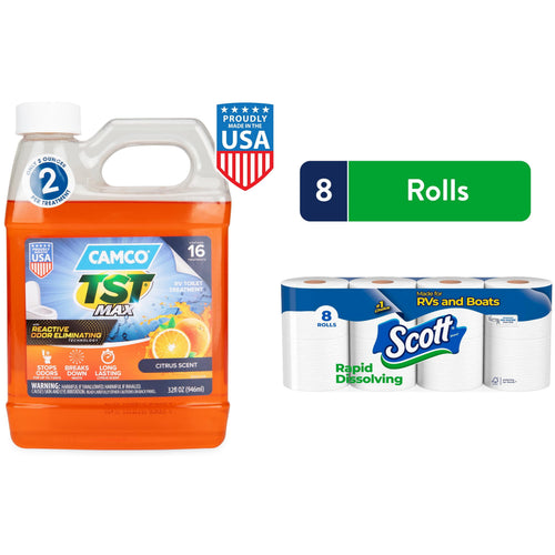 Orange Camco TST Max RV toilet treatment jug beside an 8-roll pack of Scott Rapid-Dissolving toilet paper with an '8 Rolls' badge