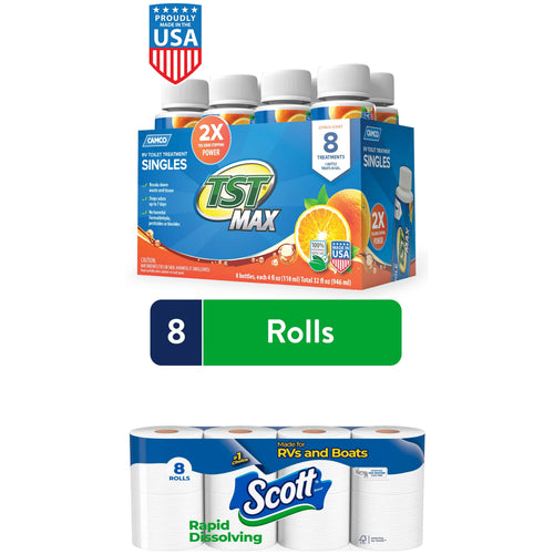 Composite product image showing a pack of Camco TST Max citrus RV toilet treatment singles above a row of Scott Rapid Dissolving toilet paper rolls with an '8 Rolls' label.