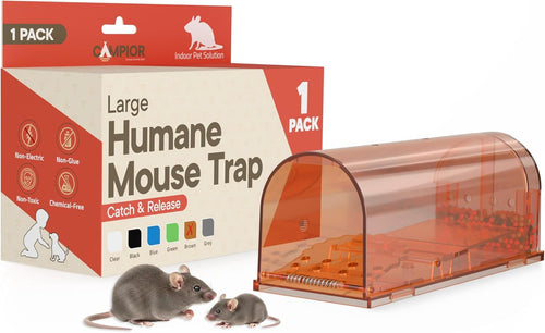 Campior branded packaging and translucent brown plastic humane mouse trap shown beside two mice on white background.