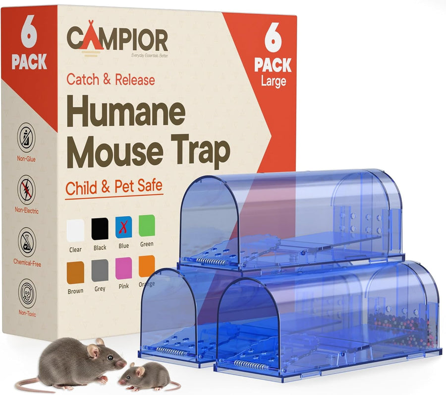 Boxed Campior humane mouse trap packaging with three translucent blue traps and two mice in front.