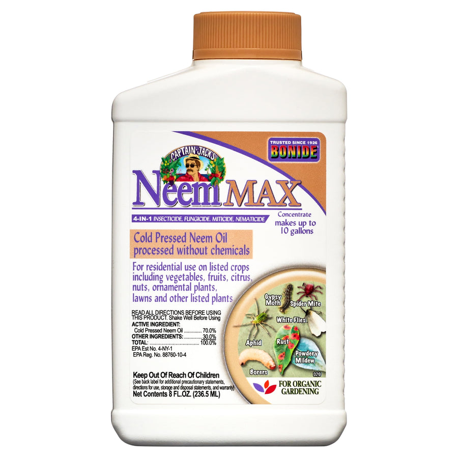 White plastic bottle of Captain Jack's Neem MAX concentrate with tan cap and full product label showing logo and pest illustrations