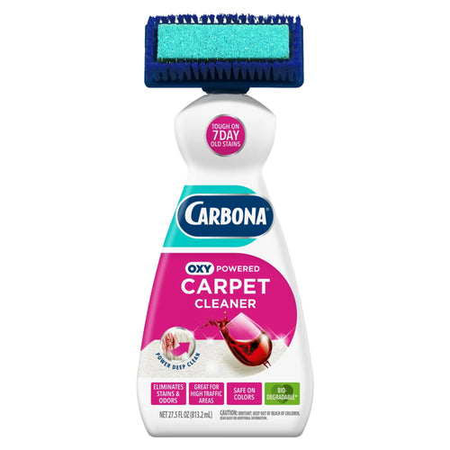 Carbona oxy-powered carpet cleaner bottle with dual brush-sponge head, white and pink label on white background
