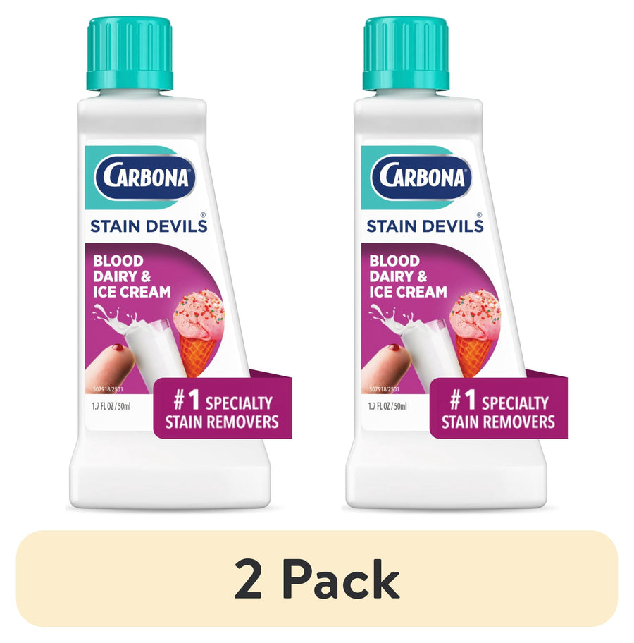 Two Carbona Stain Devils bottles labeled Blood, Dairy & Ice Cream with a 2 Pack banner