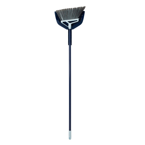 Full-length Casabella broom with angled dual bristle head and long navy handle on white background