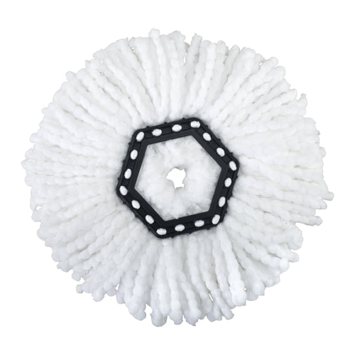 Top-down view of a white microfiber spin mop head with a black hex plastic connector