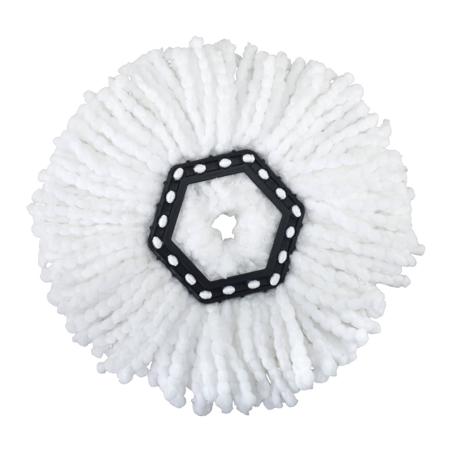 Top-down view of a white microfiber spin mop head with a black hex plastic connector