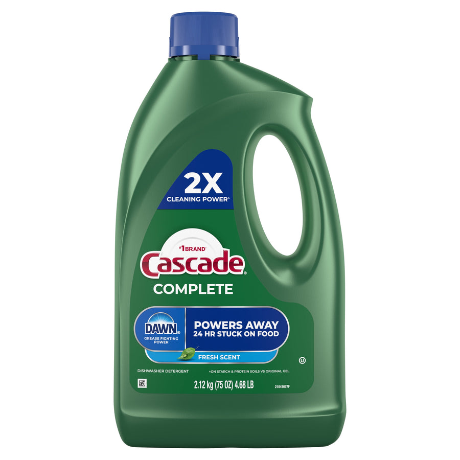 Green Cascade Complete dishwasher detergent bottle with blue cap and label reading ‘Powers Away’ and Dawn logo on a white background.