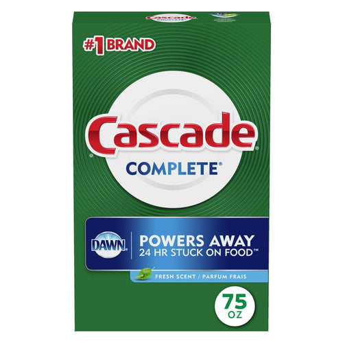 Front-facing box of Cascade Complete dishwasher detergent powder with green design and Dawn logo, 75 oz label visible
