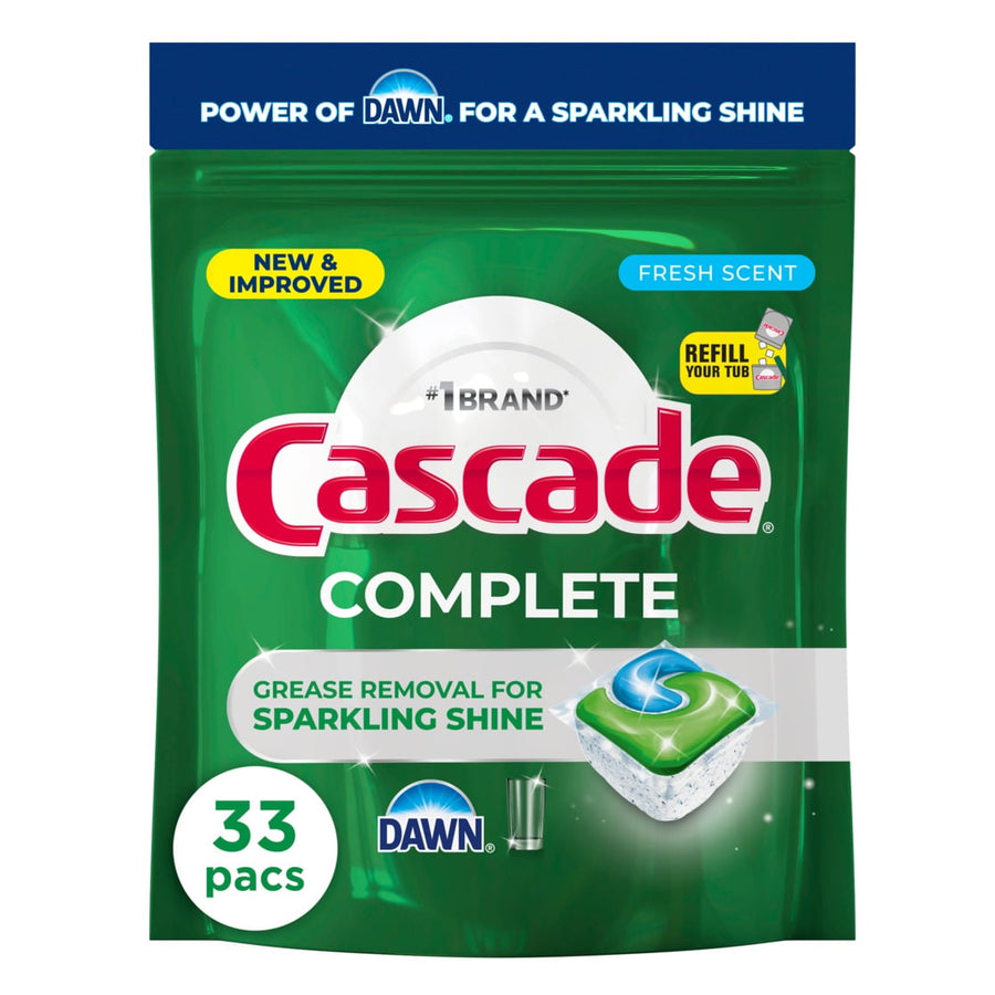Green resealable pouch of Cascade Complete dishwasher pacs with Dawn logo and '33 pacs' badge