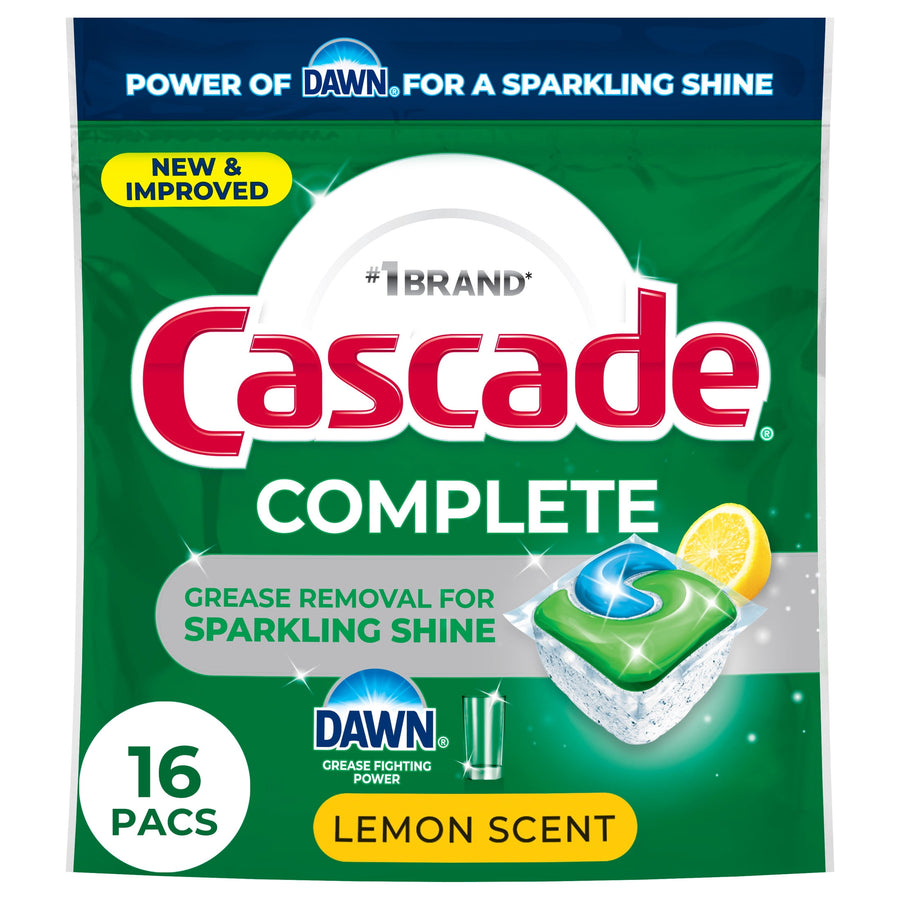Front-facing green Cascade Complete pouch showing action pac graphic, Dawn logo, lemon slice and '16 pacs' circle