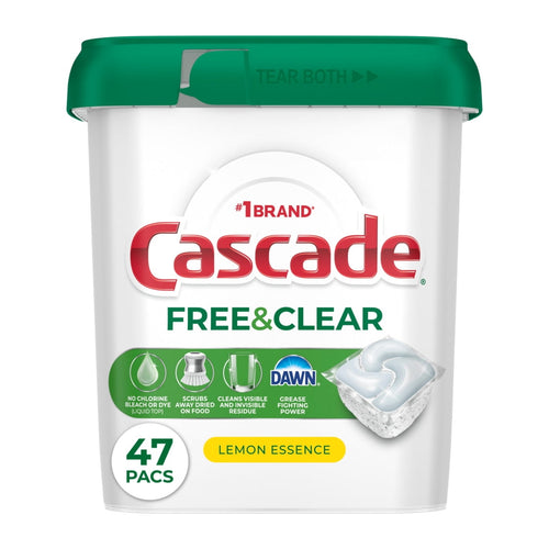 White plastic tub of Cascade Free & Clear dishwasher pacs with green lid and lemon essence badge