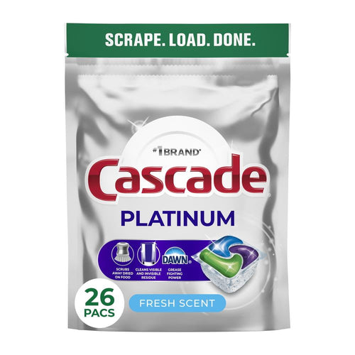 Cascade Platinum Fresh Scent dishwasher pacs pouch showing brand logo, product pac graphic and '26 pacs' label