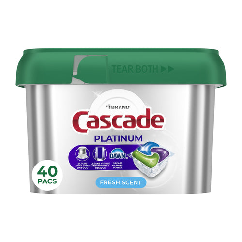 Front-facing Cascade Platinum plastic tub with green lid showing logo, Dawn badge and 40 pacs callout