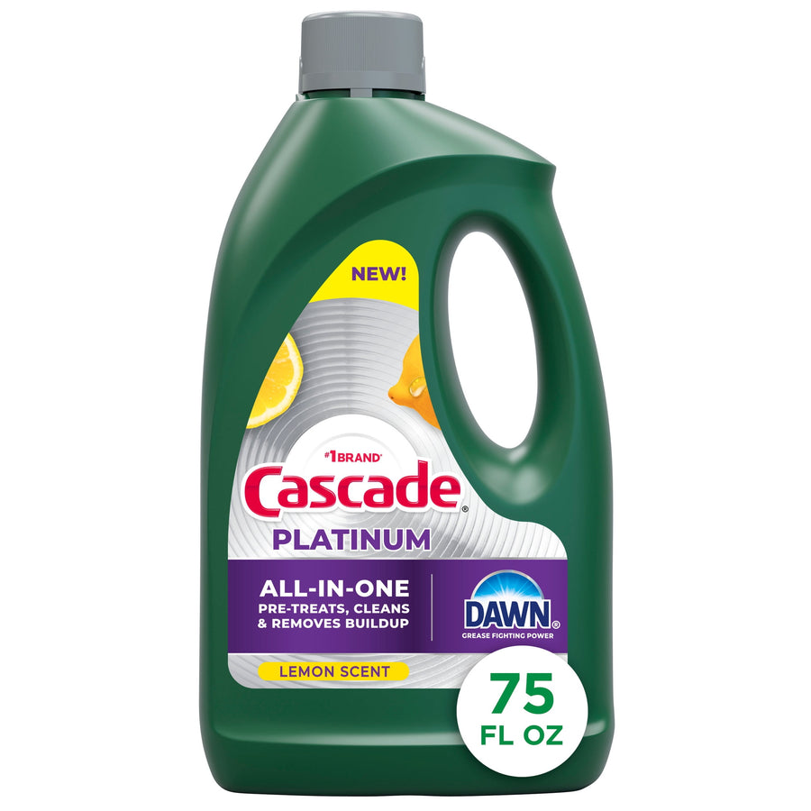 Green Cascade Platinum dishwashing gel bottle with Dawn logo and 75 fl oz badge on white background
