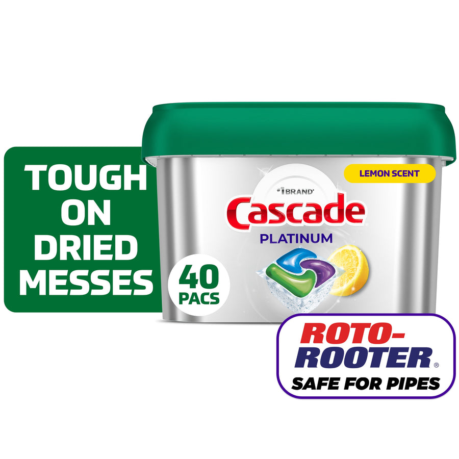Silver plastic tub of Cascade Platinum dishwasher pods with green lid, lemon graphic and Roto-Rooter safe badge