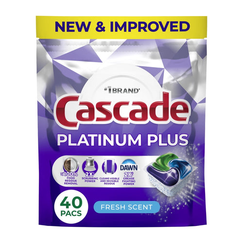 Purple and silver Cascade Platinum Plus pouch with logo, pod image and 'fresh scent' label