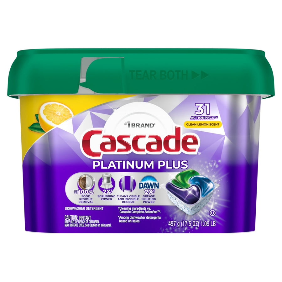 Front of Cascade Platinum Plus dishwasher detergent tub with purple label, lemon graphic and pod image
