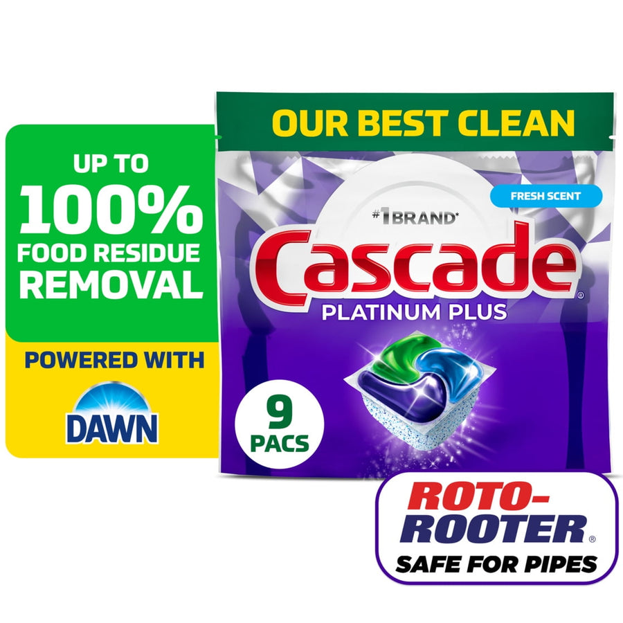 Purple Cascade Platinum Plus package with a single dishwasher pod graphic, green header reading ‘OUR BEST CLEAN’ and Roto-Rooter badge
