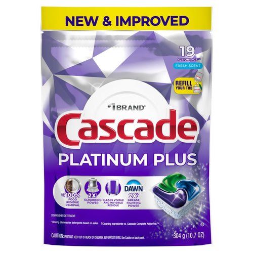 Front of a purple Cascade Platinum Plus dishwasher detergent pouch showing brand logo, pod image, and 'New & Improved' banner