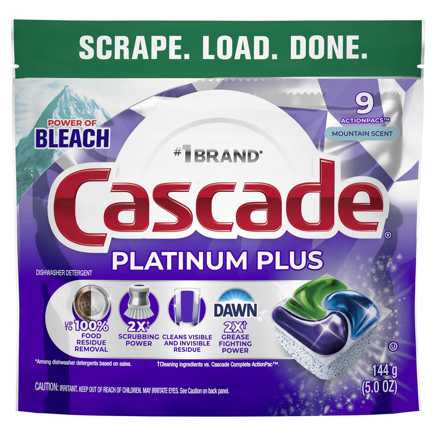 Front-facing pouch of Cascade Platinum Plus dishwasher detergent showing Cascade logo, a pictured action pac and label noting mountain scent and 9 actionpacs