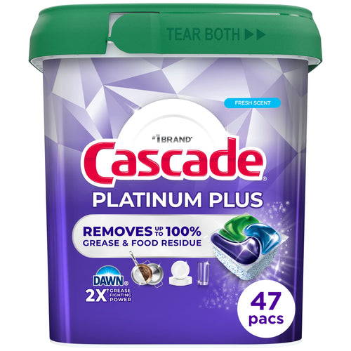 Purple Cascade Platinum Plus tub with green lid showing a detergent pod and '47 pacs' badge