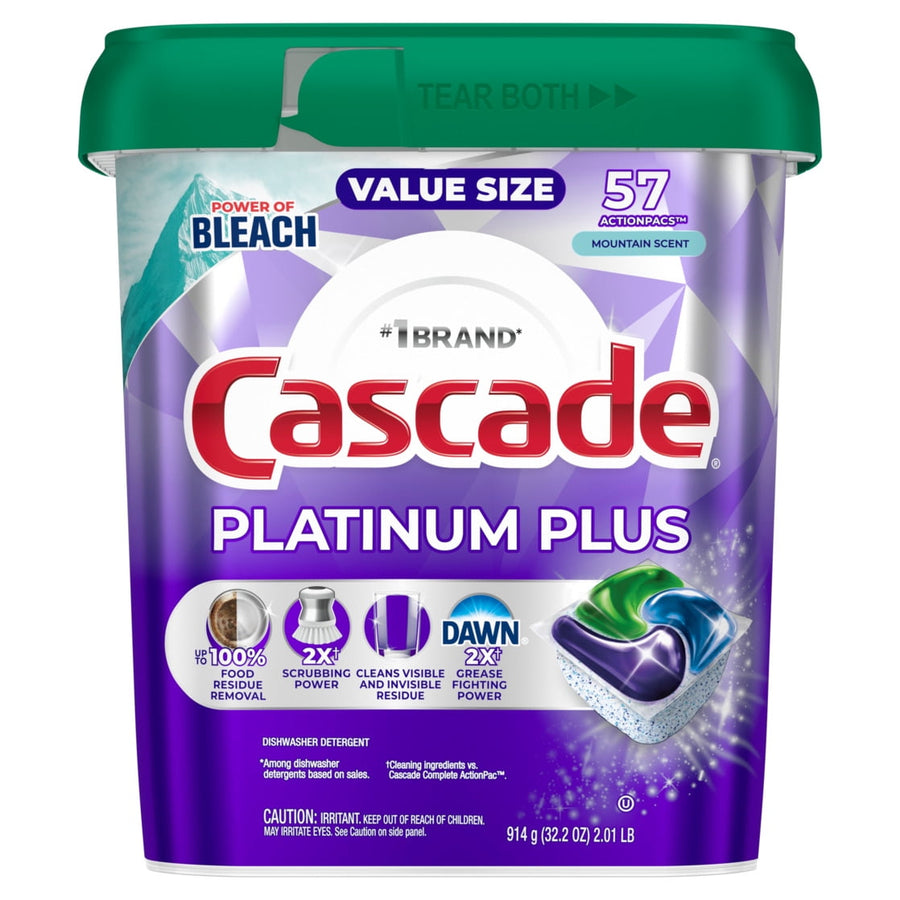 Front view of a Cascade Platinum Plus dishwasher detergent tub with purple packaging, green lid, product logo and a pictured three‑color pod