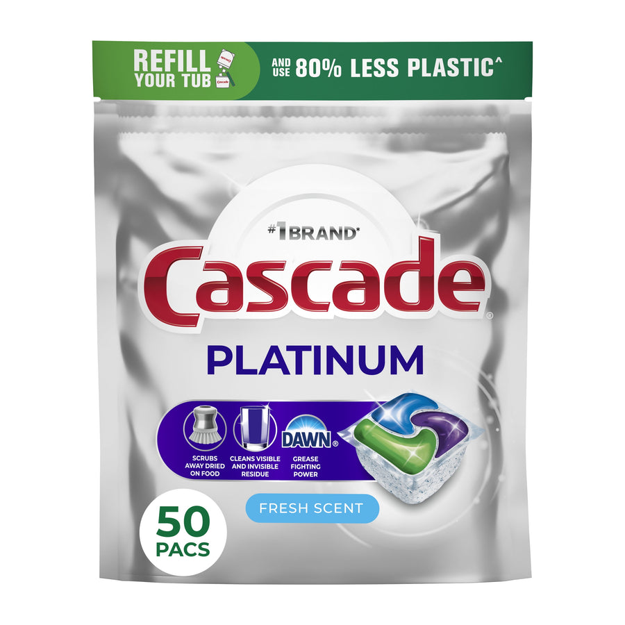 Silver resealable pouch of Cascade Platinum dishwasher pacs showing a tri‑colored pod and '50 pacs' label on front.