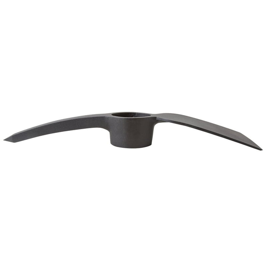 Cast metal mattock head with central socket and two curved pick and adze ends on white background