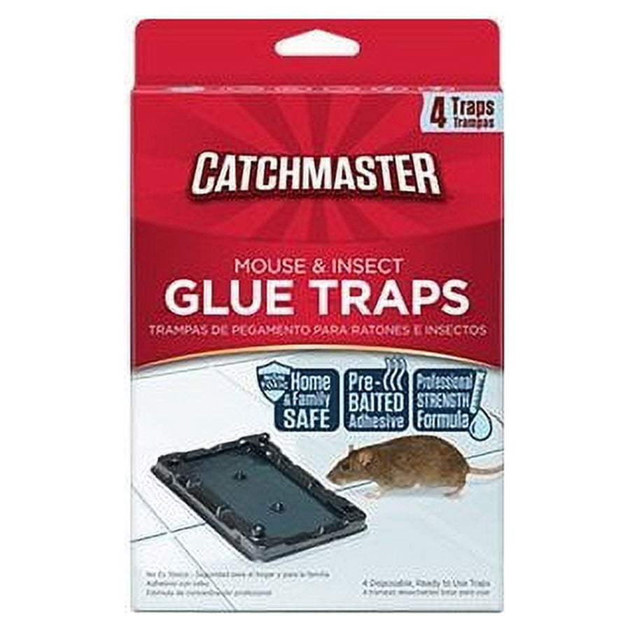 Red Catchmaster retail package showing brand logo, a glue tray image and a mouse illustration on a tiled surface