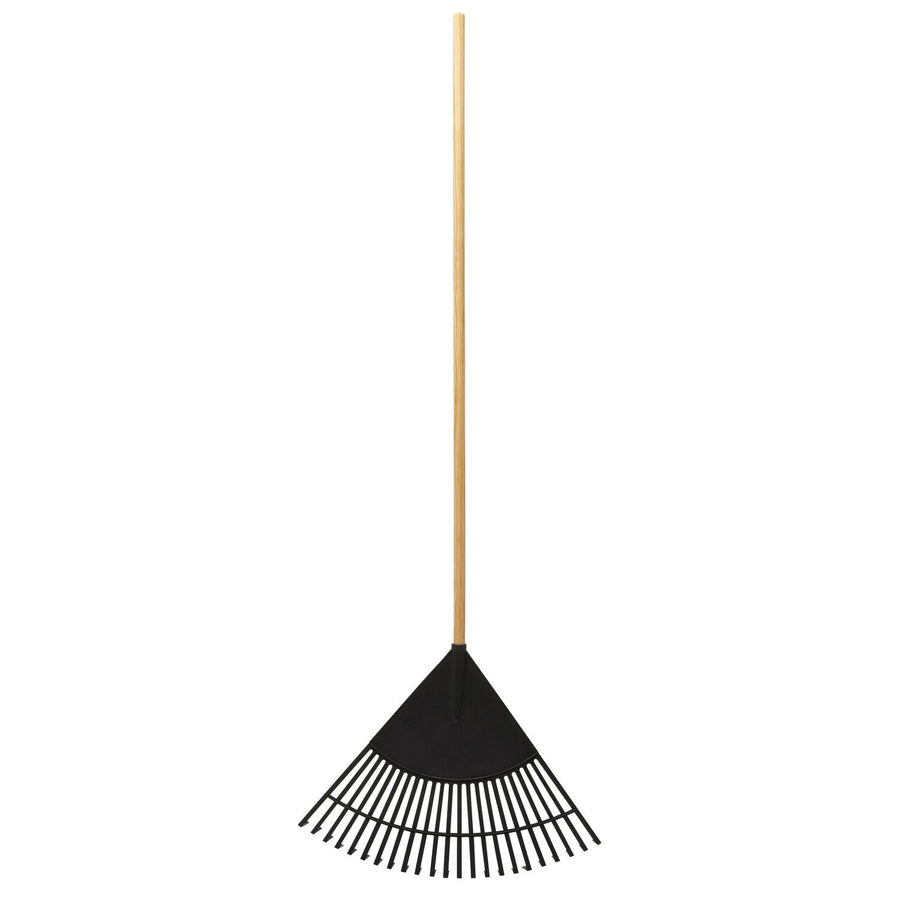 Full-length leaf rake with a wooden handle and black plastic fan-shaped tines on a white background.