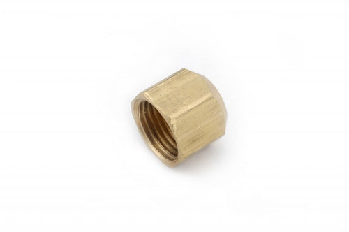 Brass hexagonal threaded cap fitting photographed on a white background, visible internal female threads.