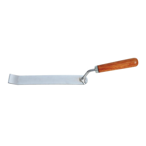 Long flat steel digout tool with an angled shaft and polished wooden handle on a white background