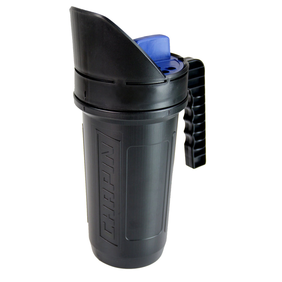 Black Chapin hand spreader with molded handle and blue adjustable lid on white background