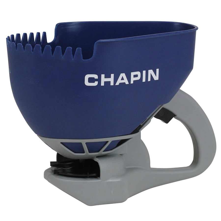 Blue Chapin hand-crank ice melt spreader with molded teeth and gray handle, studio-style white background.