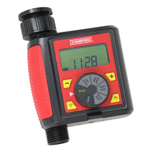 Red and black Chapin digital single-zone water timer with LCD showing 11:28 and control dial and buttons