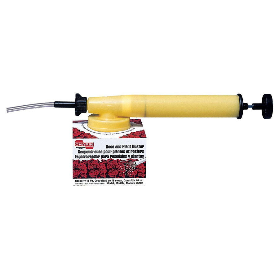 Yellow Chapin handheld rose and plant duster with nozzle and product label visible on white background.