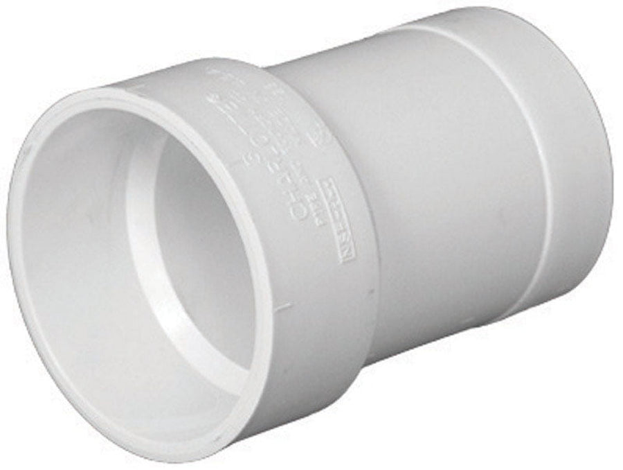 White Charlotte Pipe PVC adapter fitting shown at an angle, two different socket diameters and molded markings visible