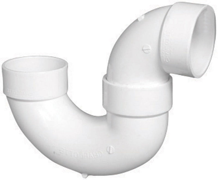 White PVC p-trap plumbing fitting with two hub openings and curved trap bend